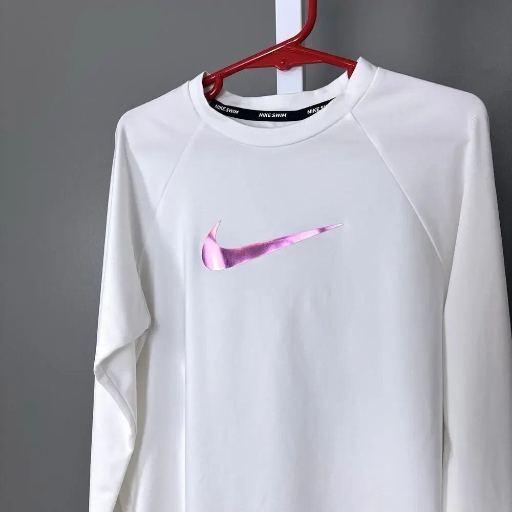 Nike Girls Medium M Long Sleeve Hydroguard Rash Guard Swim Shirt White NESS8784